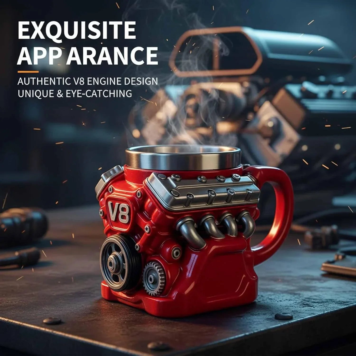 Retro Engine Coffee Mug, V8 Engines Stainless Steel Cup